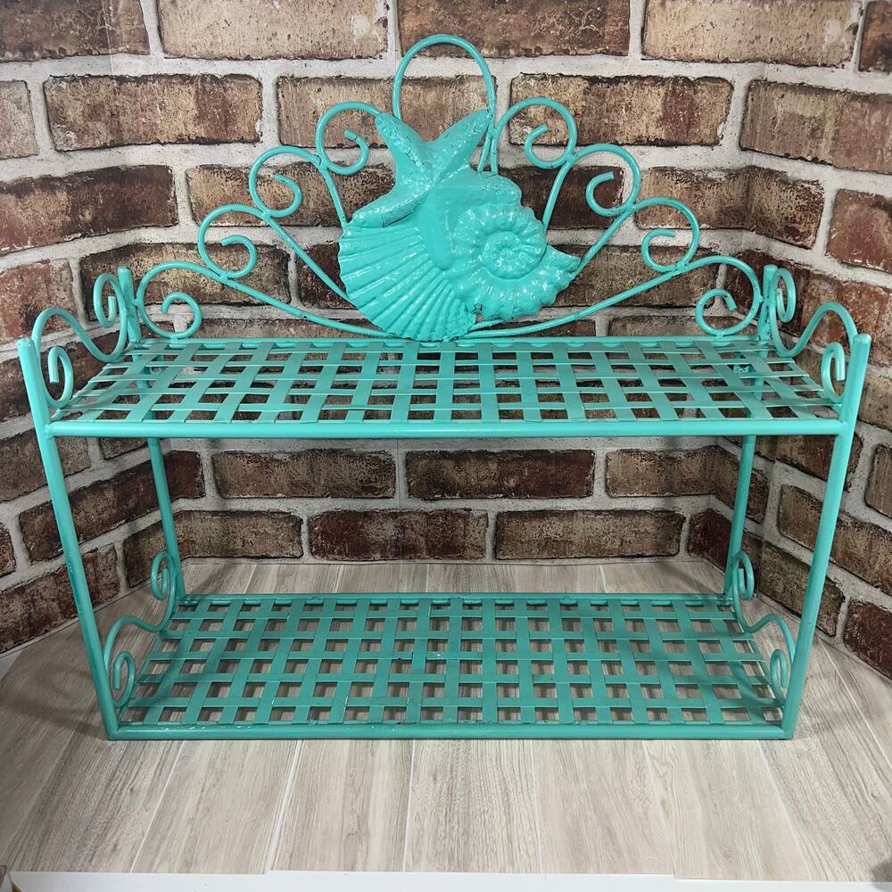 Vintage Coastal Themed Cottage Core Shabby Chic Wrought Iron Shelf Scrollwork